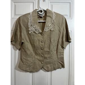 Vintage 80s Casual Corner Beige Blouse Lace Collar Ramie Cotton Button Up Size 8